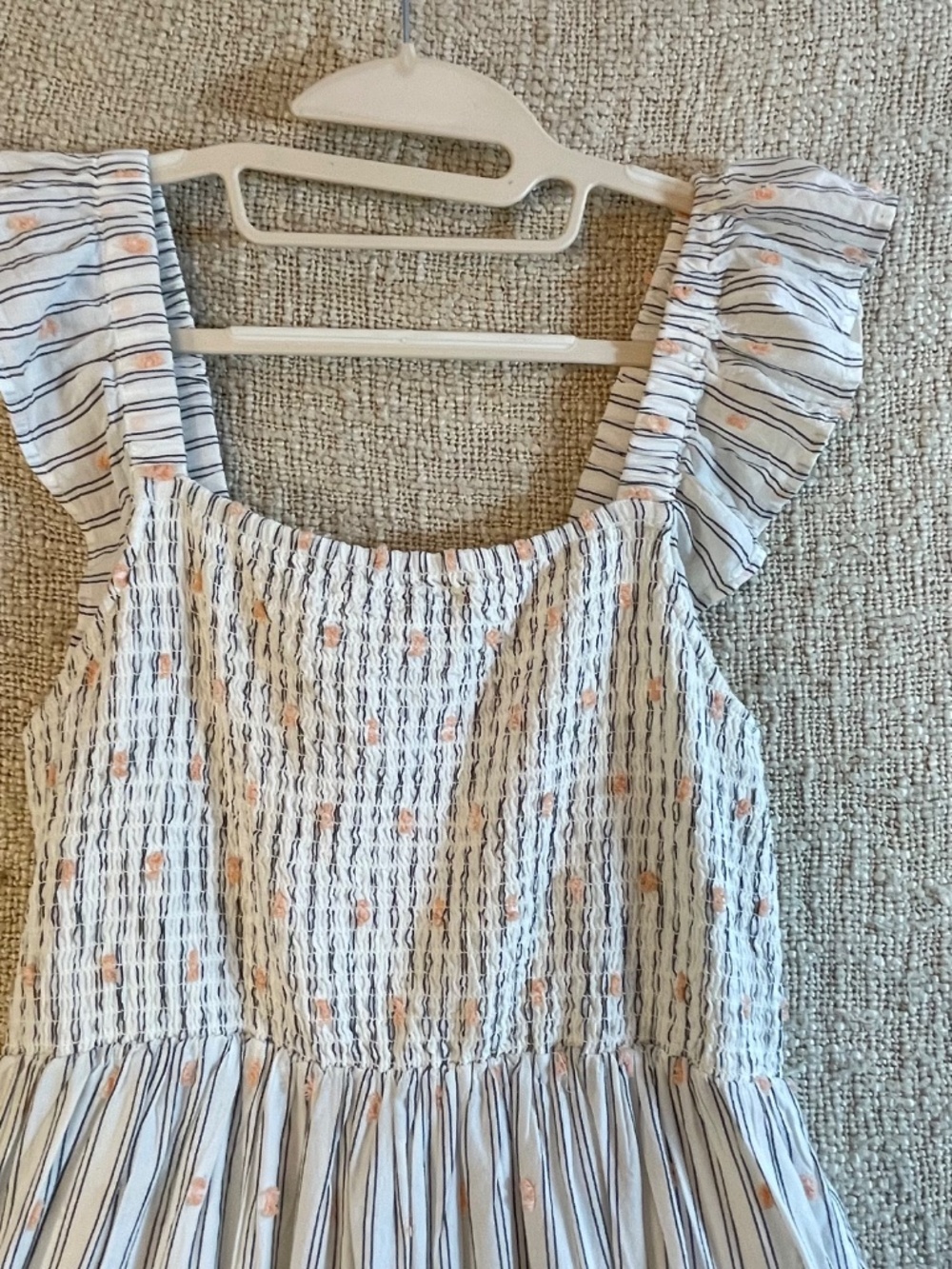 LOFT Striped Peach Clip Dot Smocked Tiered Midi Dress with Pockets Size S - Picture 3 of 15
